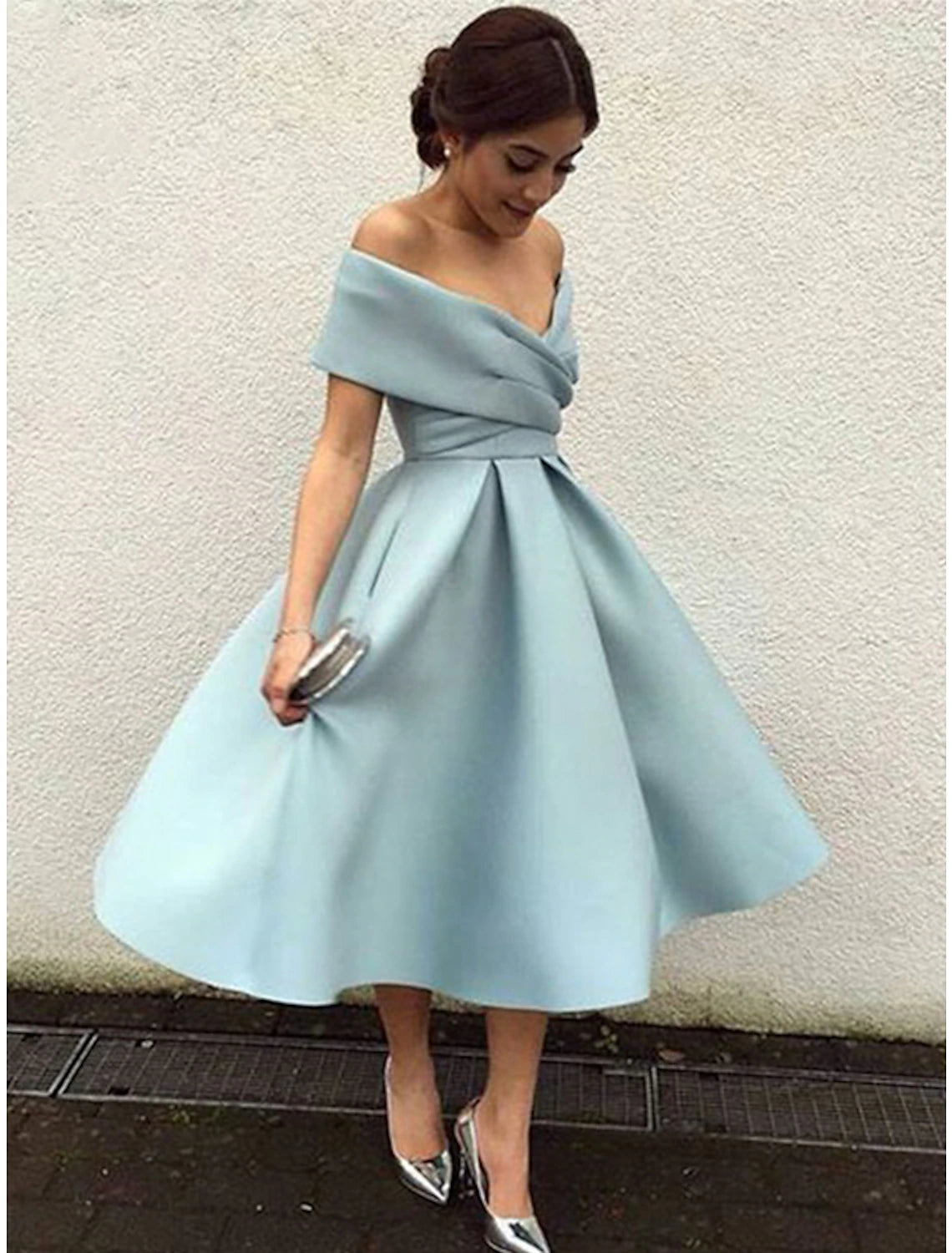 slim fit dress slacks MissJophiel V Neck Cap Sleeve Tea Length Semi Formal Wedding Party Guest Bridesmaid Dresses Teal / Tea Length / US20 main image 0